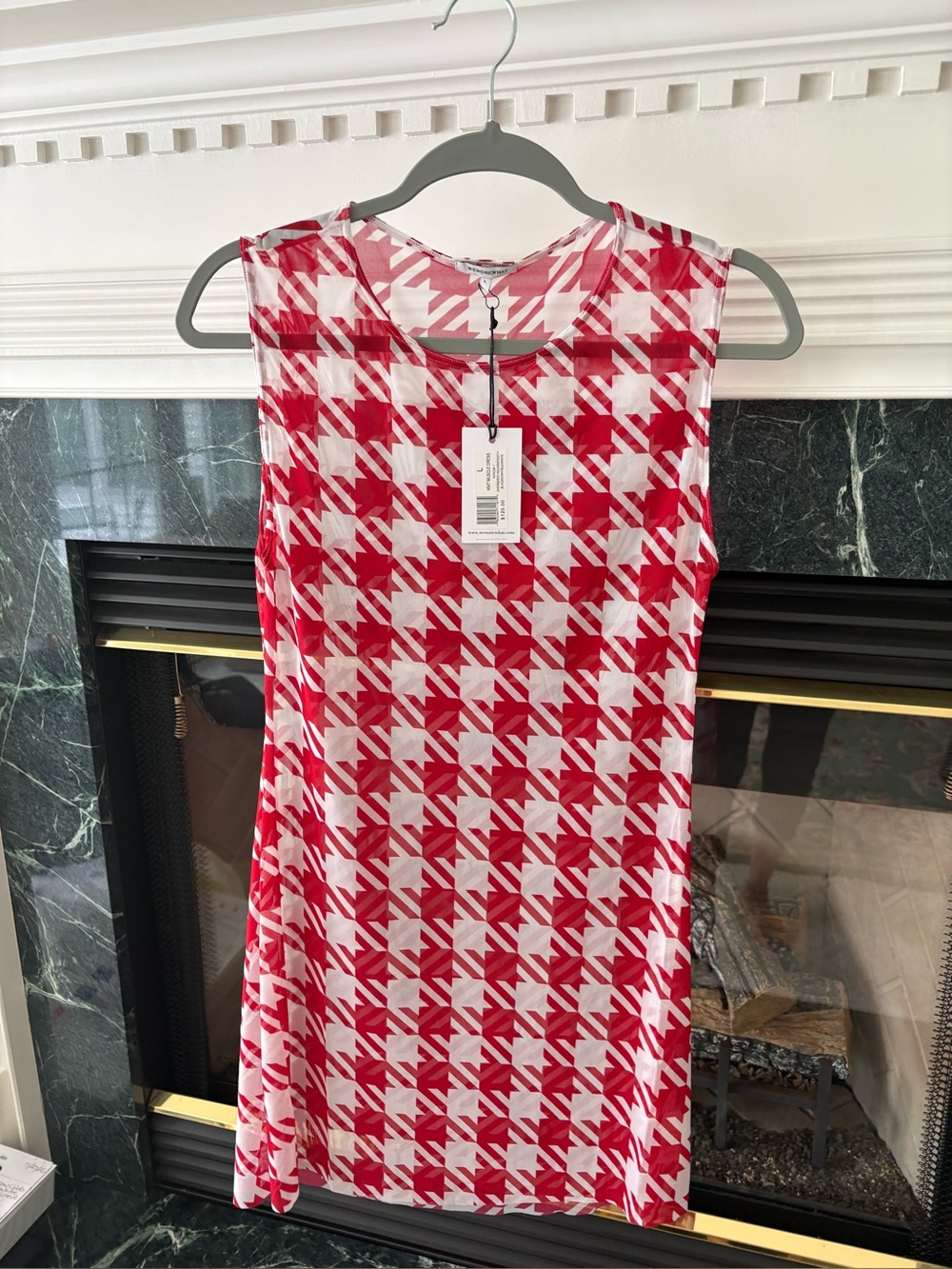 WeWoreWhat Sleeveless Red and White Sheer Houndstooth Shift Dress